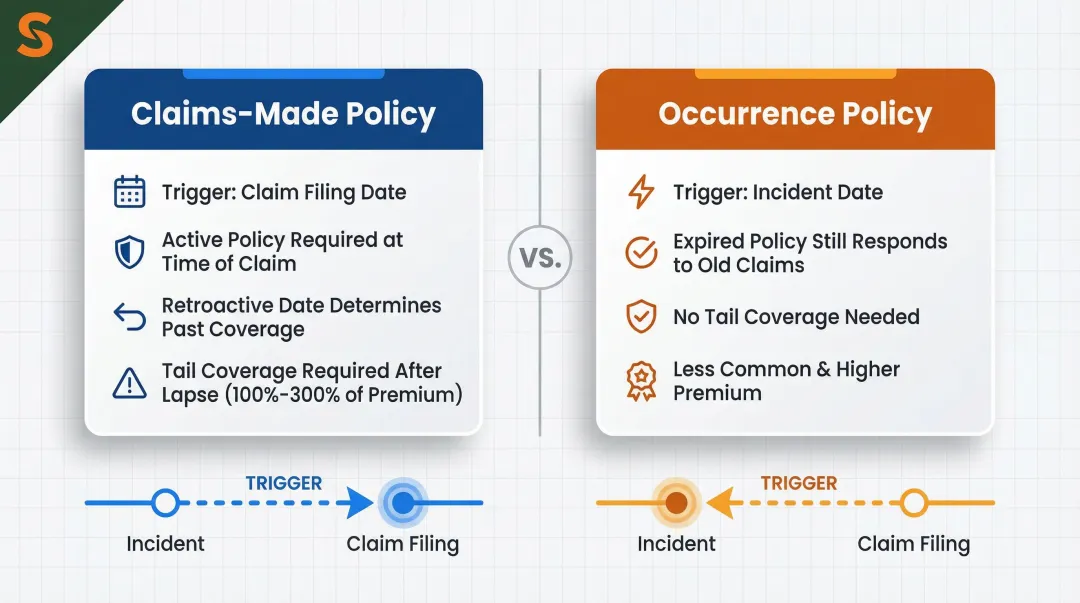 Claims-made versus occurrence professional liability policy structure comparison infographic