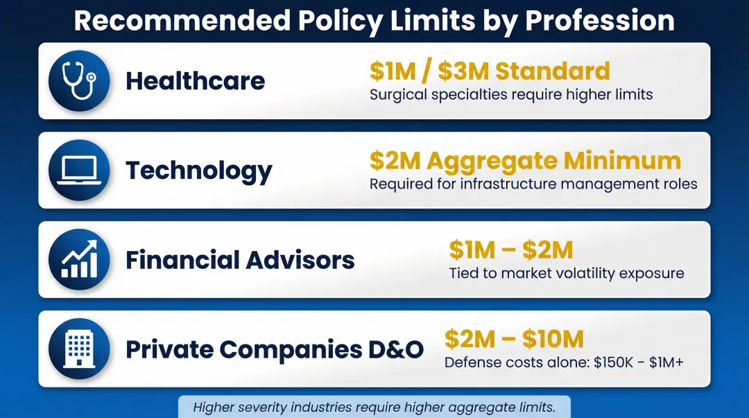 Recommended professional liability coverage limits by industry sector comparison chart