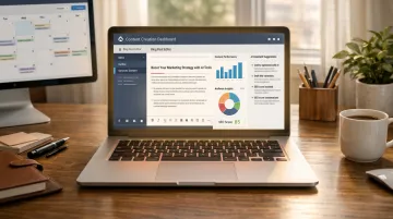 Marketing professional reviewing AI generated content on laptop with analytics dashboard visible