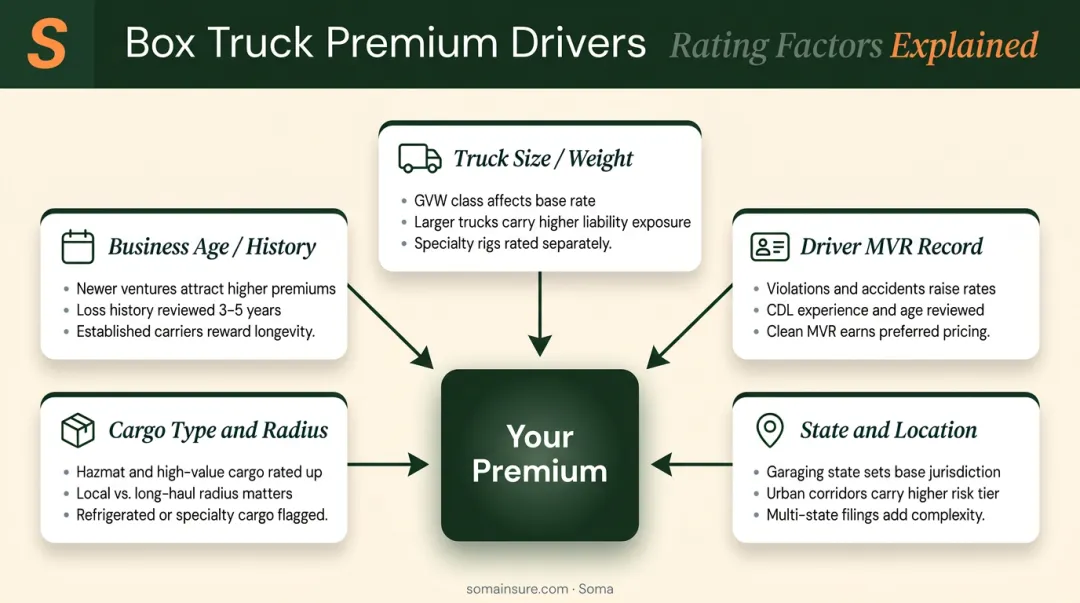 Key factors affecting box truck insurance premiums across five rating categories