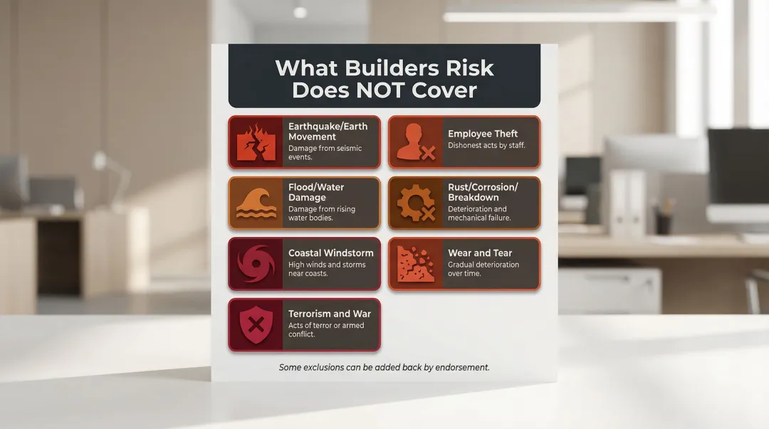 Standard builders risk insurance exclusions list with coverage gap icons