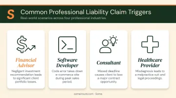 Four professional liability claim trigger examples by industry type infographic