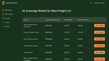 Trucking insurance quote comparison dashboard showing multiple carrier options and coverage details