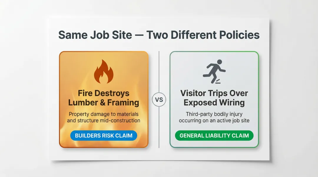 Two construction site claim scenarios showing builders risk versus general liability triggers