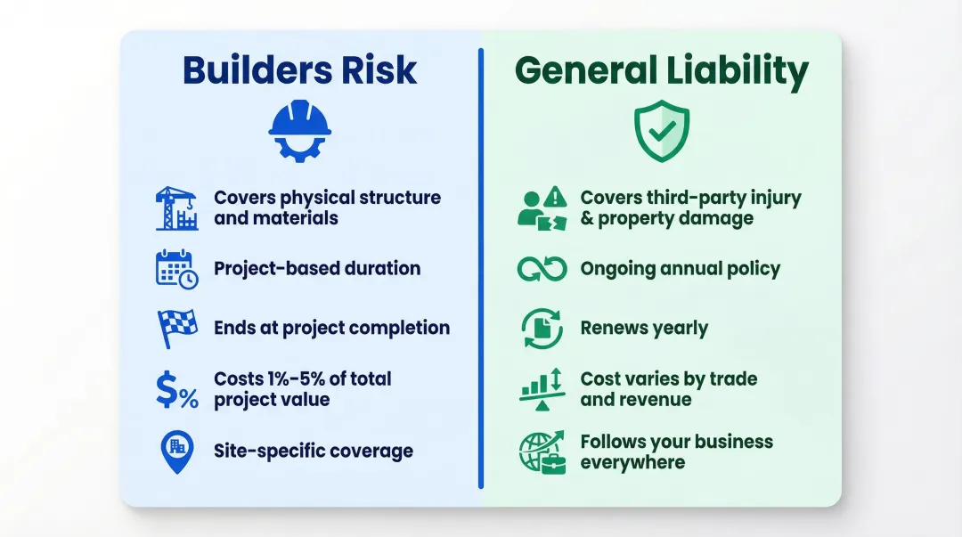 Builders risk versus general liability insurance side-by-side policy comparison infographic