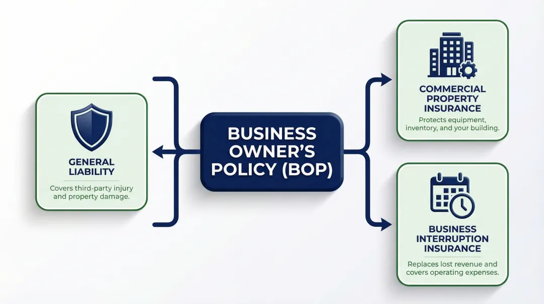 Three core coverages bundled inside a business owner's policy BOP diagram