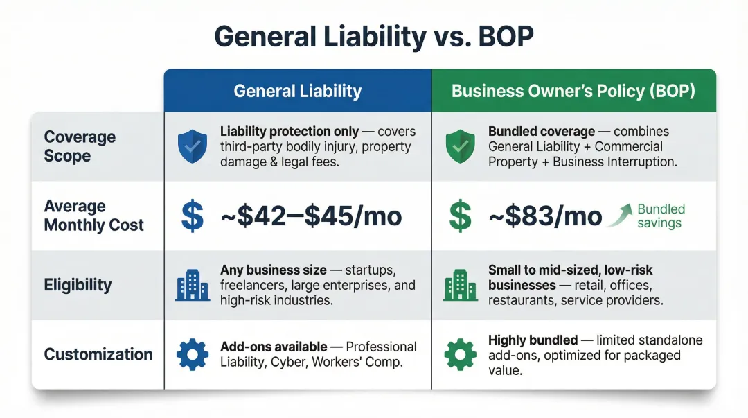 General liability versus BOP four-dimension side-by-side comparison infographic