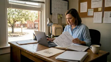 Small business owner reviewing commercial insurance policy documents at desk