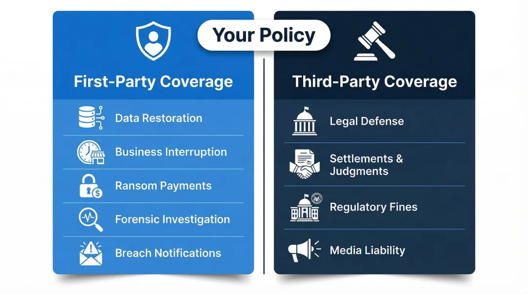 First-party versus third-party cyber liability coverage components comparison infographic