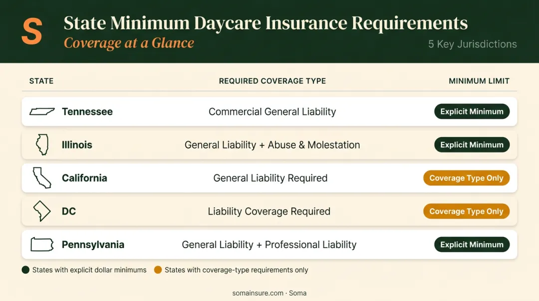 State-by-state daycare liability insurance minimum requirements comparison chart