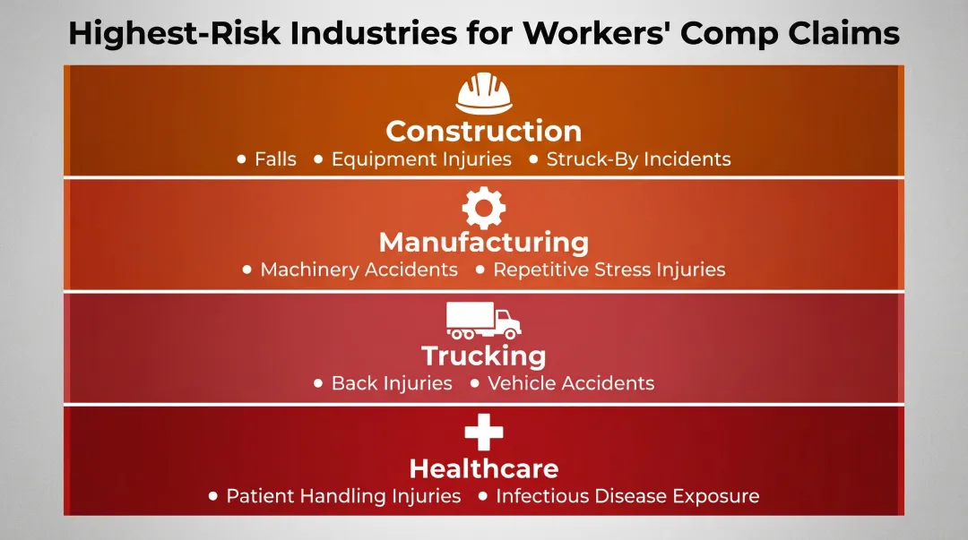 Four highest-risk industries for workers compensation claims with injury types