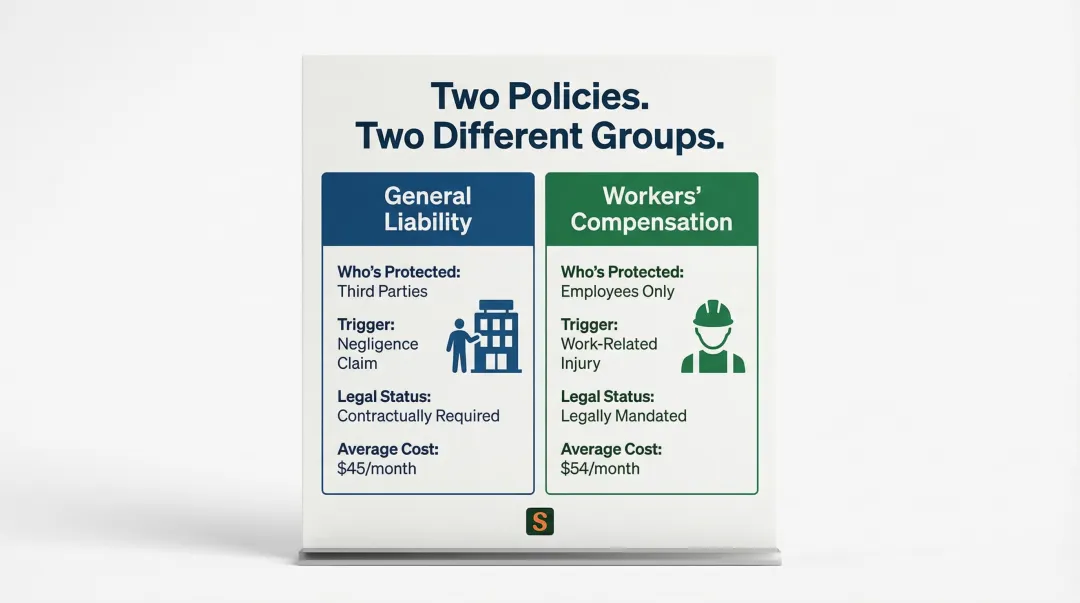 General liability versus workers compensation insurance side-by-side comparison infographic