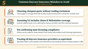 Four common daycare insurance selection mistakes with warning icons and explanations