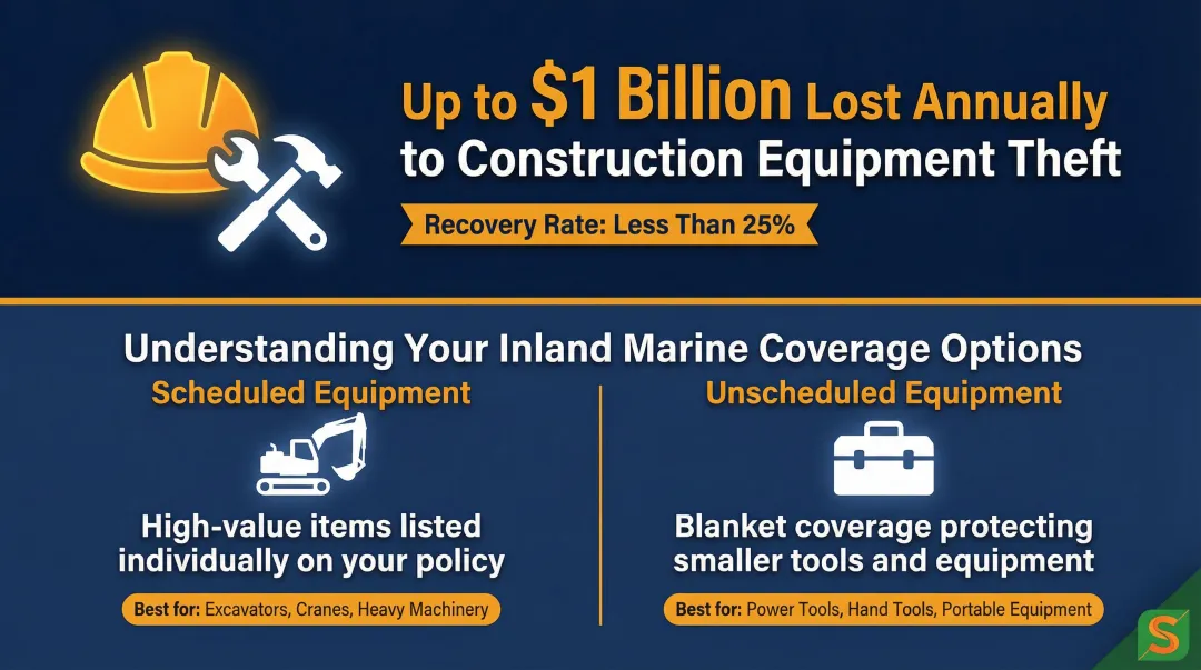 Construction equipment theft annual cost and inland marine insurance coverage breakdown infographic