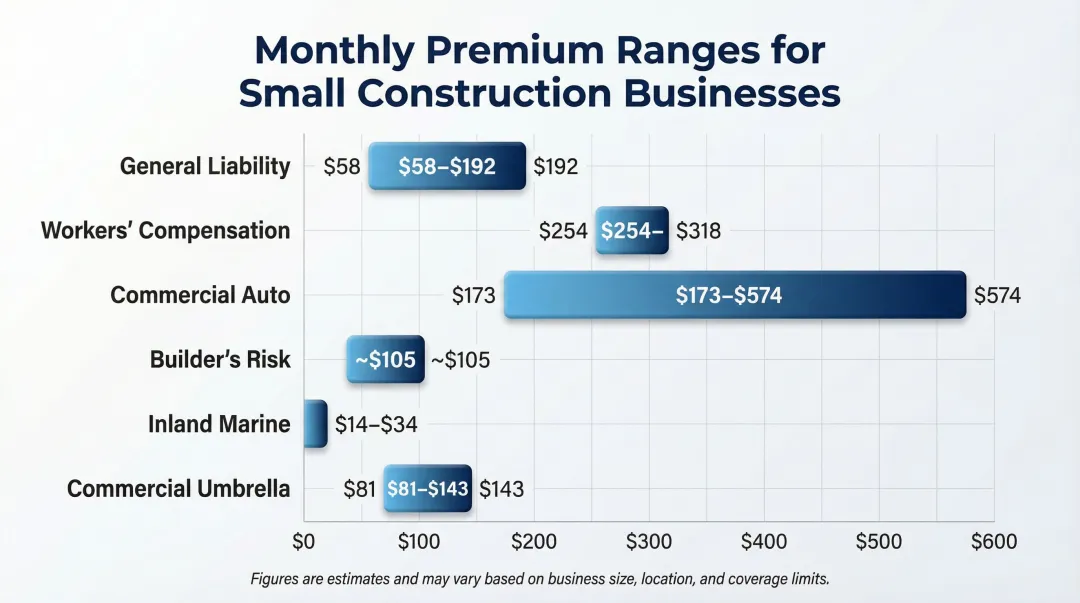 Small construction business monthly insurance premium ranges for six coverage types