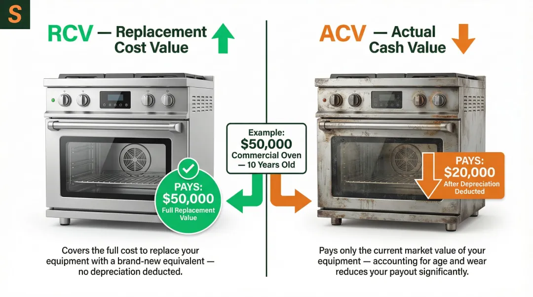 Replacement cost value versus actual cash value restaurant equipment payout comparison