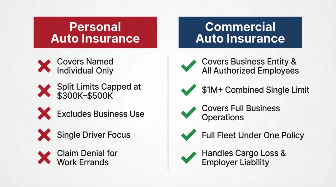 Personal auto insurance versus commercial auto insurance side-by-side comparison chart
