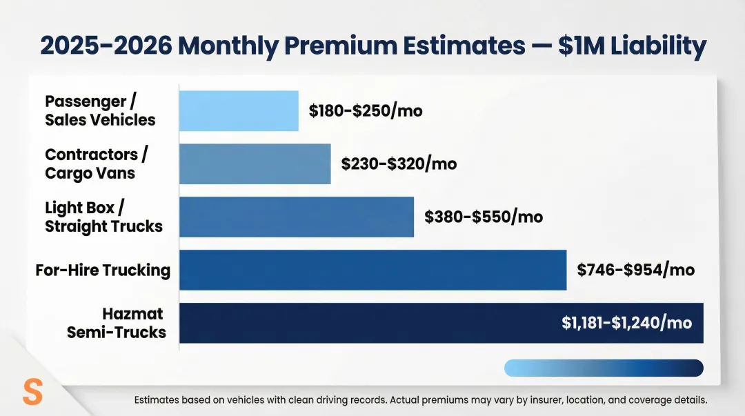 Commercial auto insurance monthly premium ranges by vehicle type 2025 market data