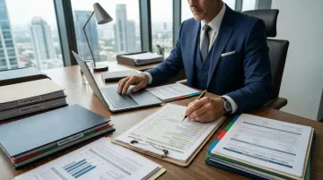 Insurance broker reviewing specialty childcare liability policy documents at desk