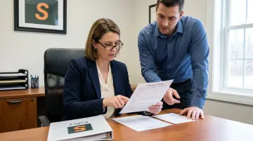 Daycare director reviewing insurance policy documents at office desk with staff