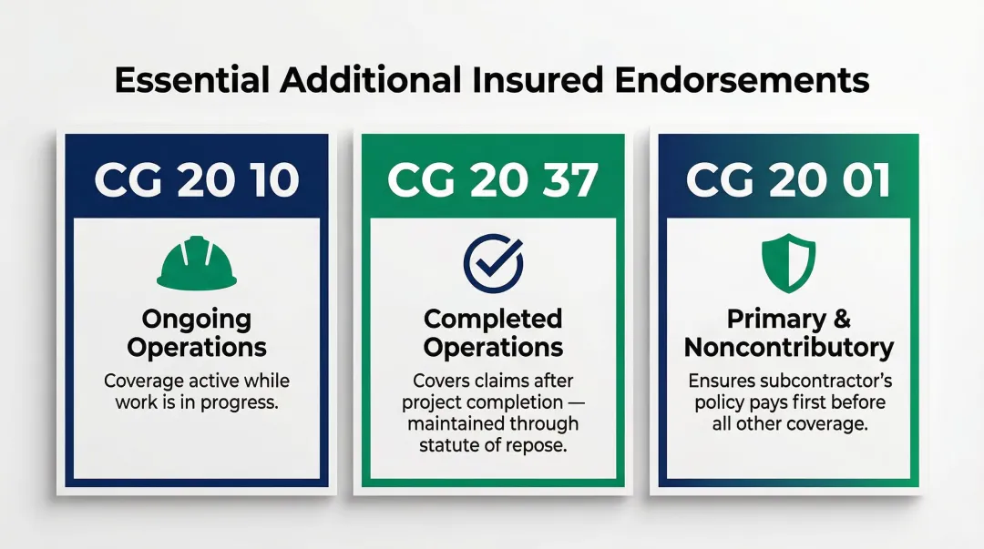 Three critical additional insured endorsements for construction subcontractors ISO forms breakdown