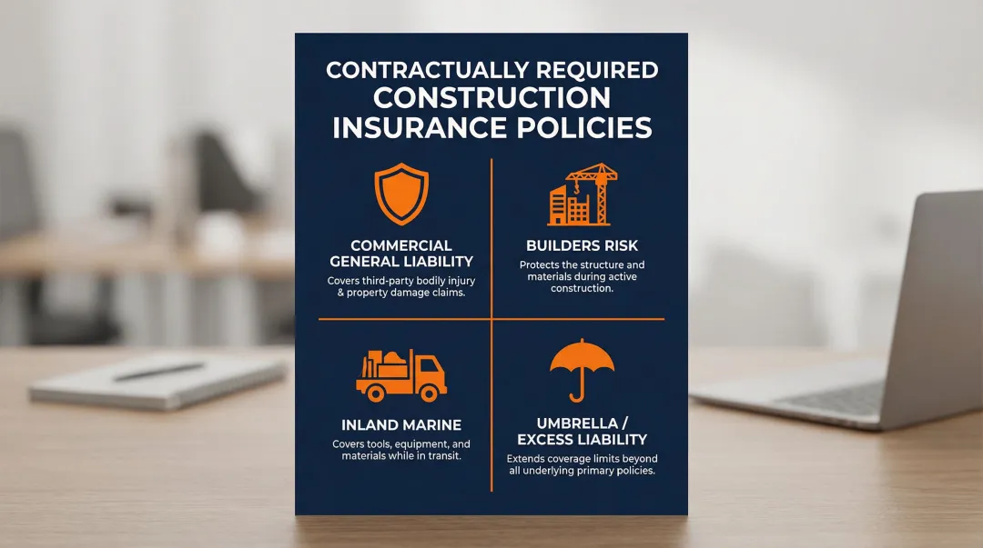 Four contractually required construction insurance policies overview comparison infographic