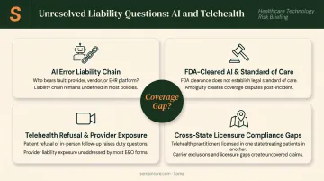 AI and telehealth HCPL liability coverage gap questions four-part diagram