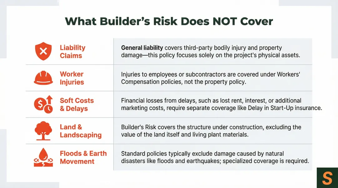 Builder's risk insurance exclusions table showing five key coverage gaps and risks
