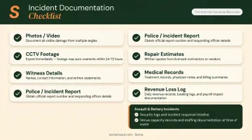 Nightclub insurance claim documentation checklist covering evidence photos CCTV and reports