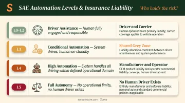 SAE automation levels L0 to L5 mapped to insurance liability responsibility