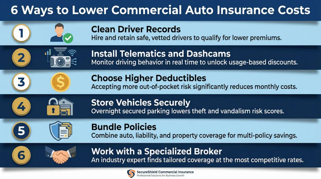 Six strategies to reduce commercial auto insurance premiums cost savings infographic