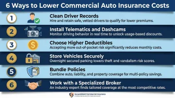 Six strategies to reduce commercial auto insurance premiums cost savings infographic