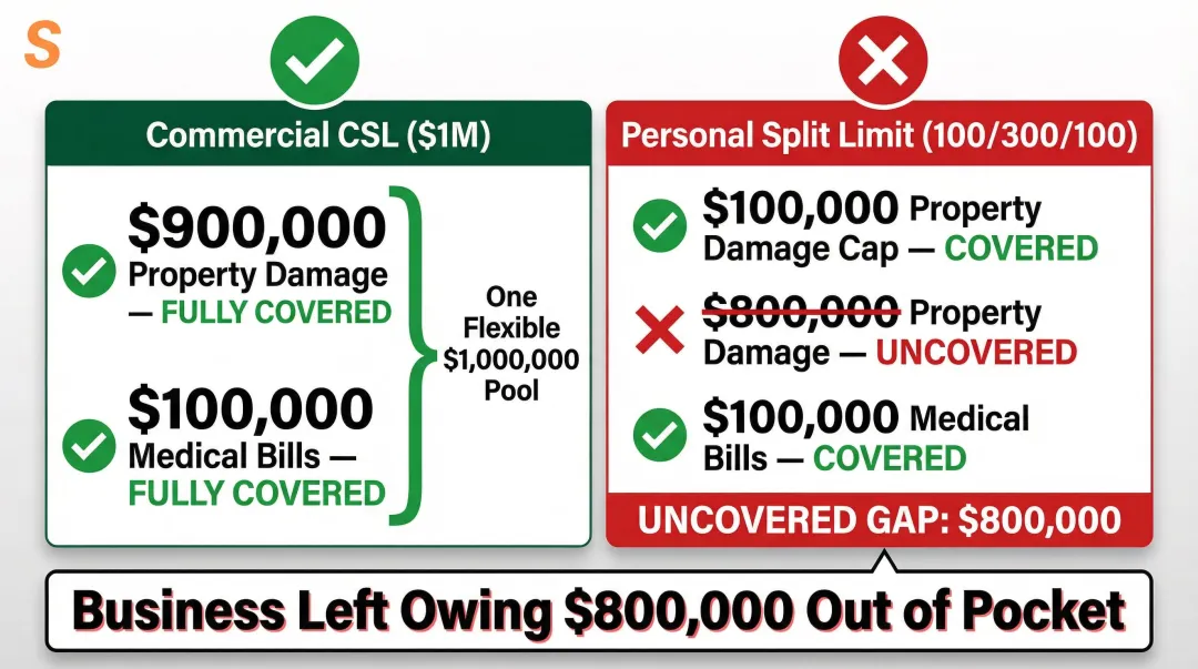 Commercial CSL versus personal split limits real-claim dollar comparison infographic