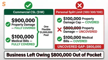 Commercial CSL versus personal split limits real-claim dollar comparison infographic