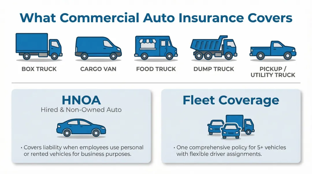 Commercial auto vehicle types and fleet coverage options overview infographic
