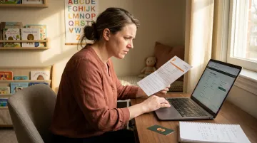 Home daycare provider reviewing insurance quotes on laptop at desk