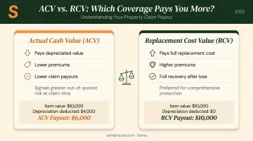 Actual cash value versus replacement cost value insurance payout comparison infographic