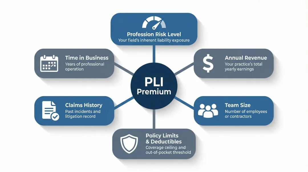 Six key factors that determine professional liability insurance premium cost infographic