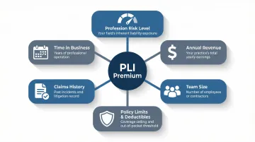 Six key factors that determine professional liability insurance premium cost infographic