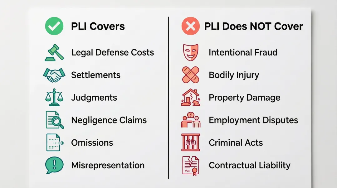 Professional liability insurance covered claims versus common exclusions side-by-side comparison