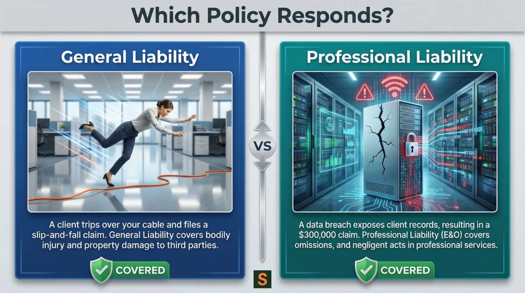 General liability versus professional liability insurance real-world scenario comparison infographic