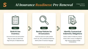 Three-step AI insurance renewal preparation process flow for businesses
