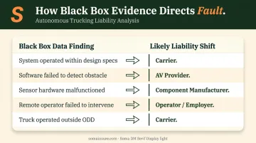 Autonomous truck black box data findings and corresponding liability shift comparison table