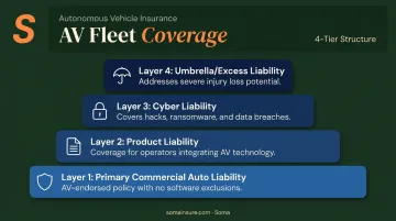 Four-layer autonomous truck fleet insurance coverage stack with policy types and descriptions