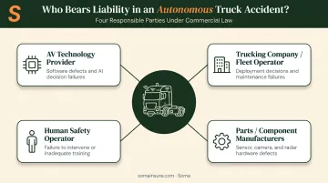 Four liable parties in autonomous truck accident crash liability breakdown infographic