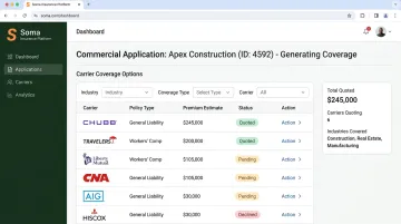 Soma Insurance platform showing commercial carrier network and multi-industry quote application