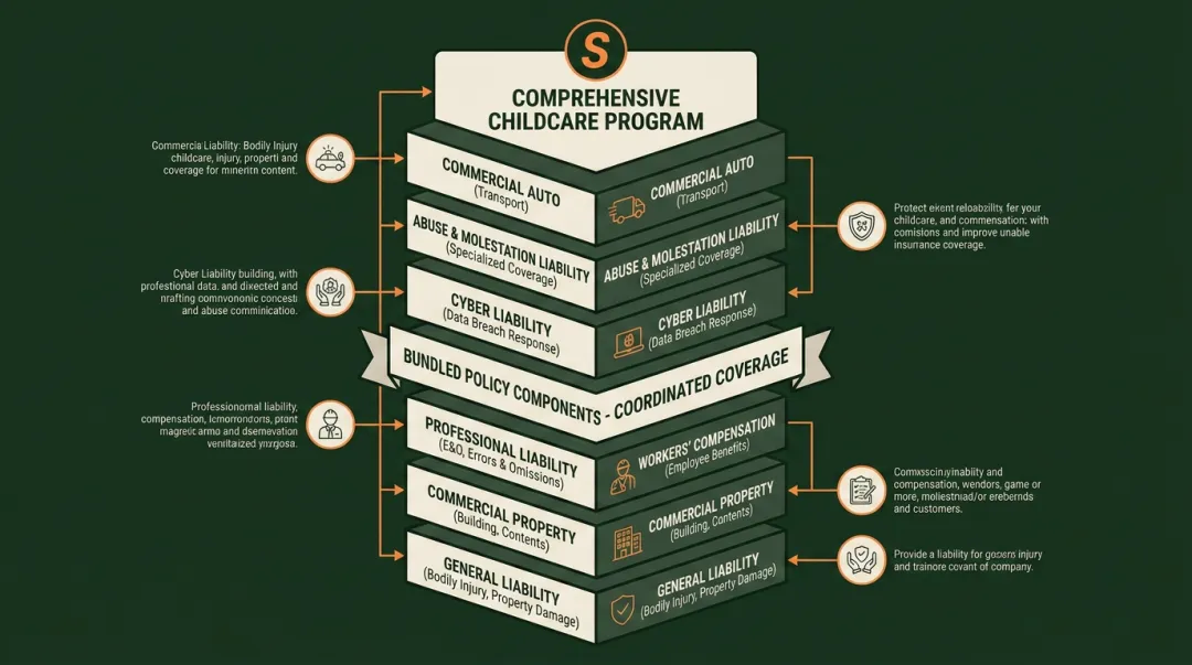 Specialized daycare insurance brokerage coverage stack including liability and workers compensation
