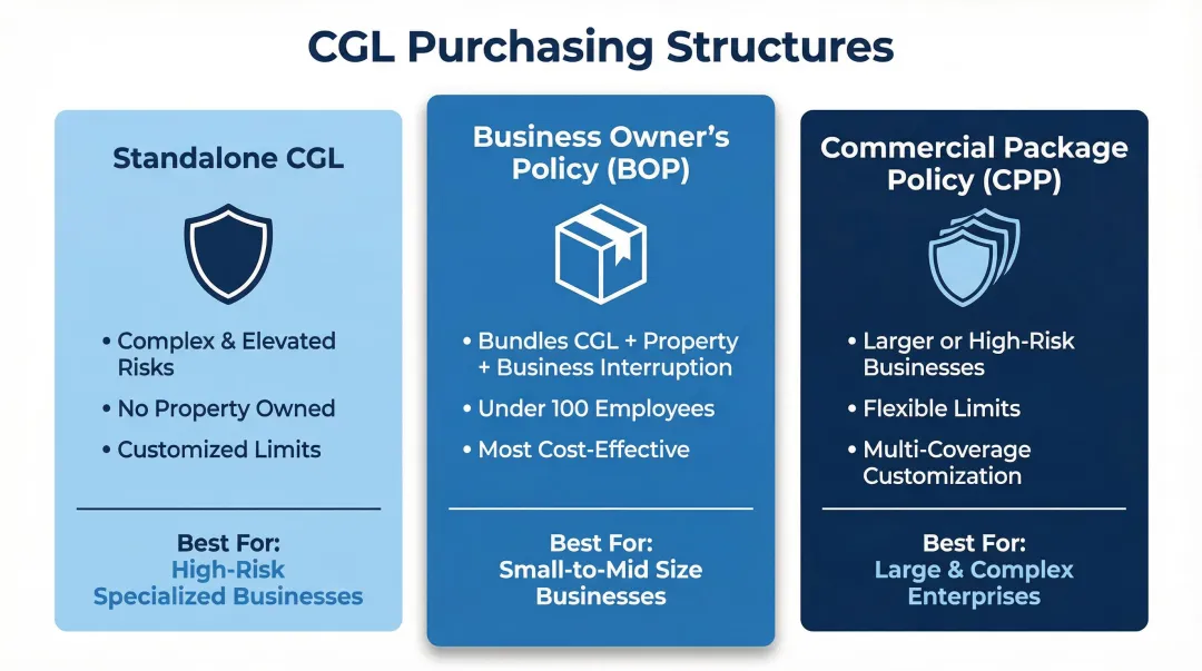 Three CGL coverage structure options standalone BOP and CPP comparison chart