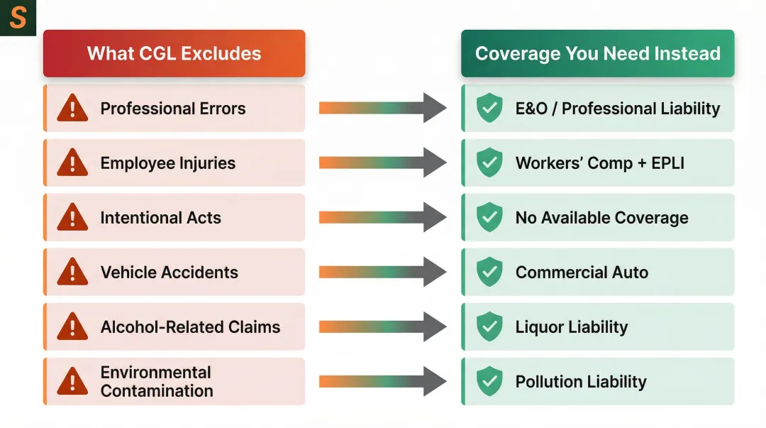 Six key CGL insurance exclusions and required replacement policies comparison chart