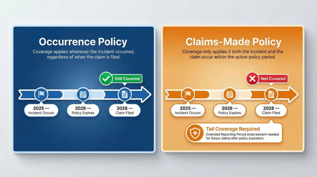 Occurrence versus claims-made CGL policy coverage timeline comparison infographic